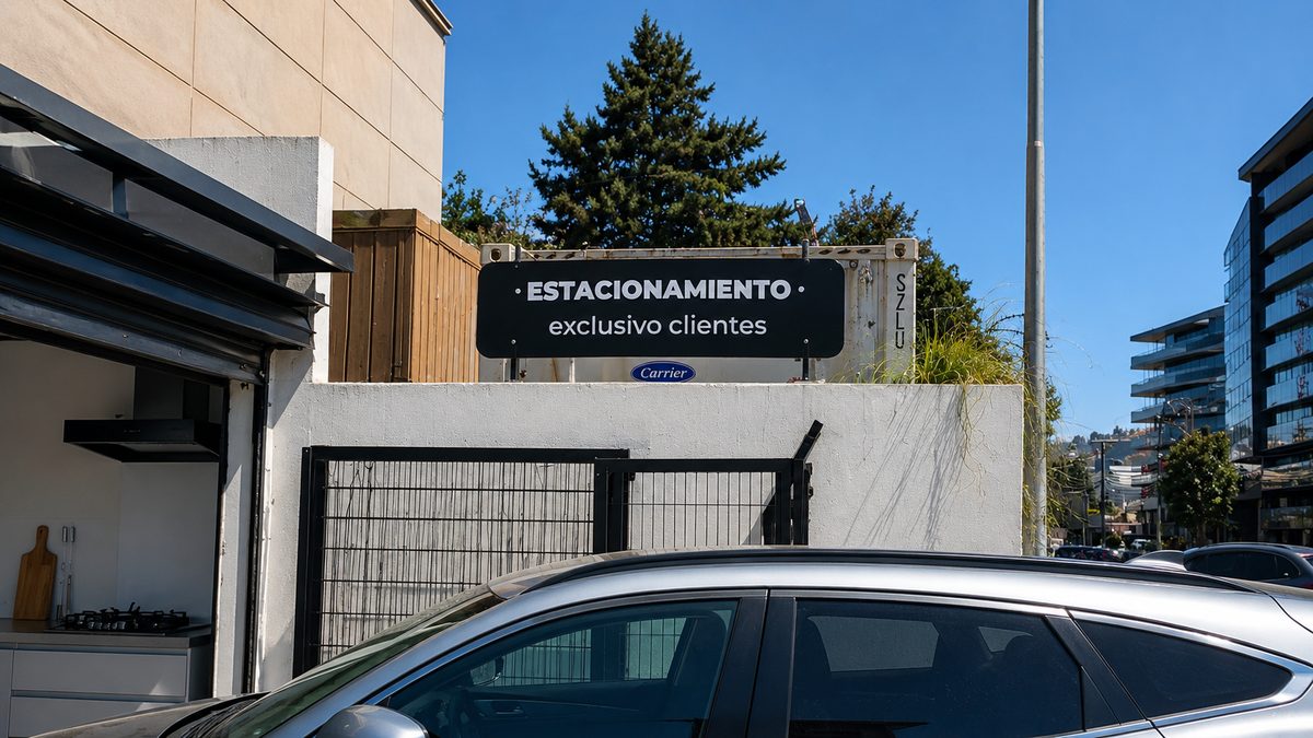 Señalética de estacionamiento exclusivo para clientes instalada por Plus Gráfica en Kitchen Center